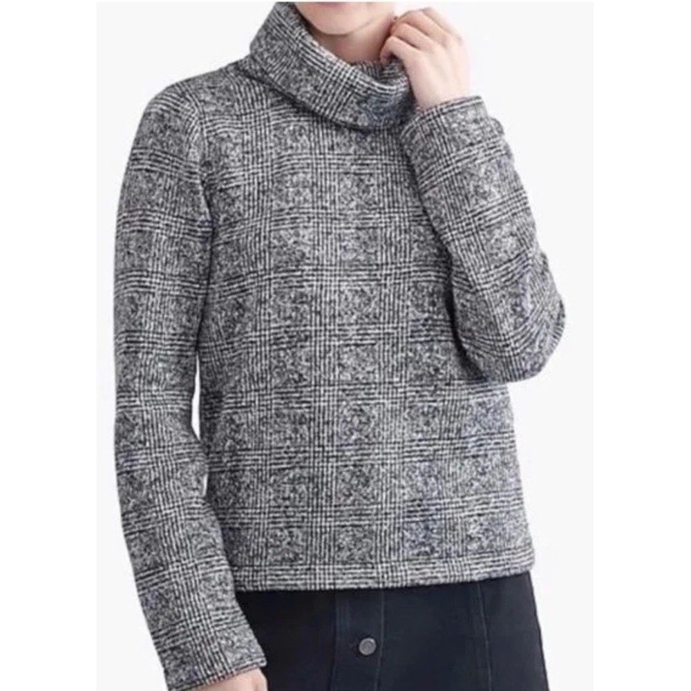 J. Crew Glen Plaid Cowl Neck Long Sleeve‎ Black White Fleece Sweater  XXS